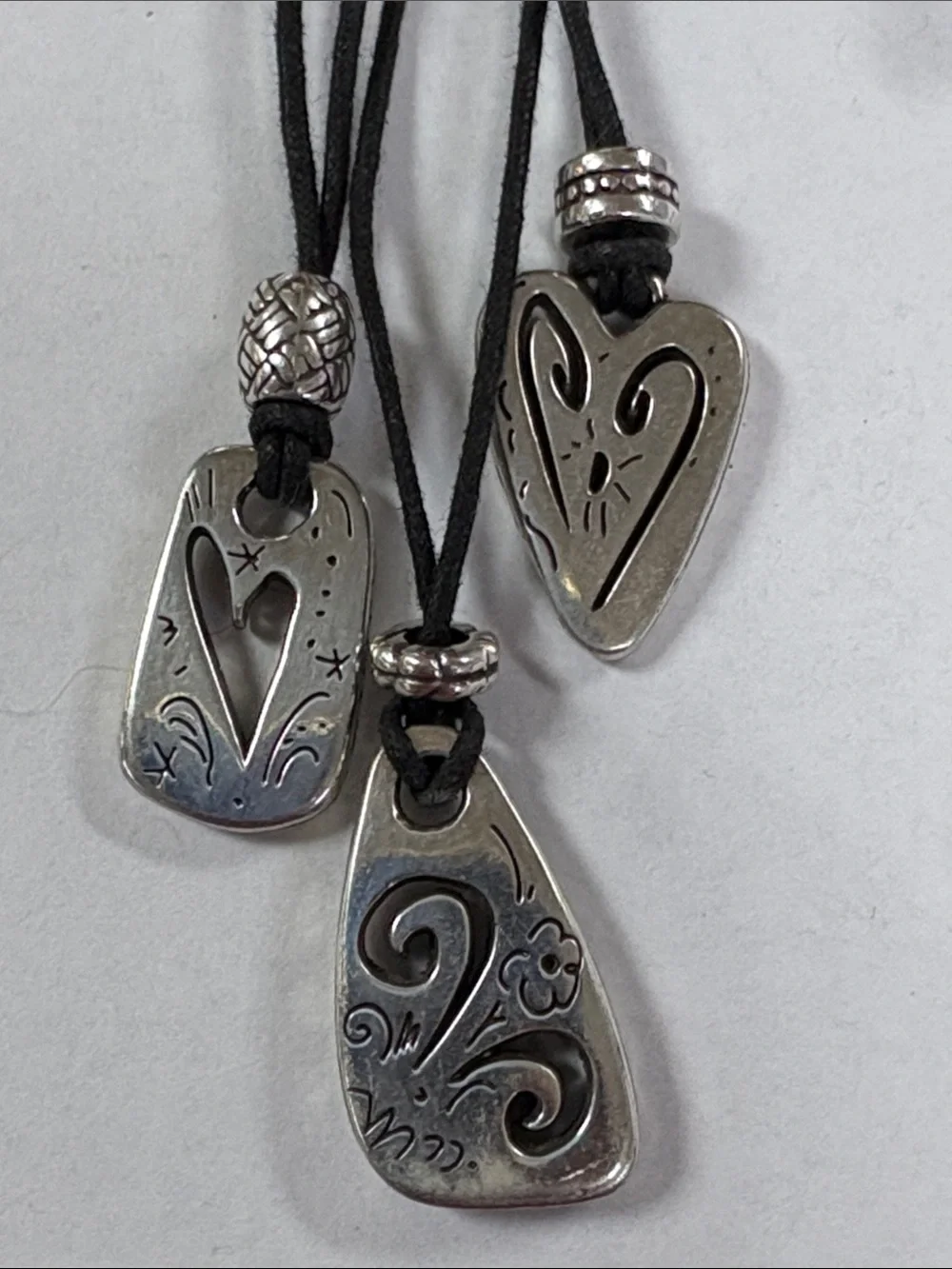 Brighton Silver Heart Pendant Necklace Trio with Black Cords/ dustbag